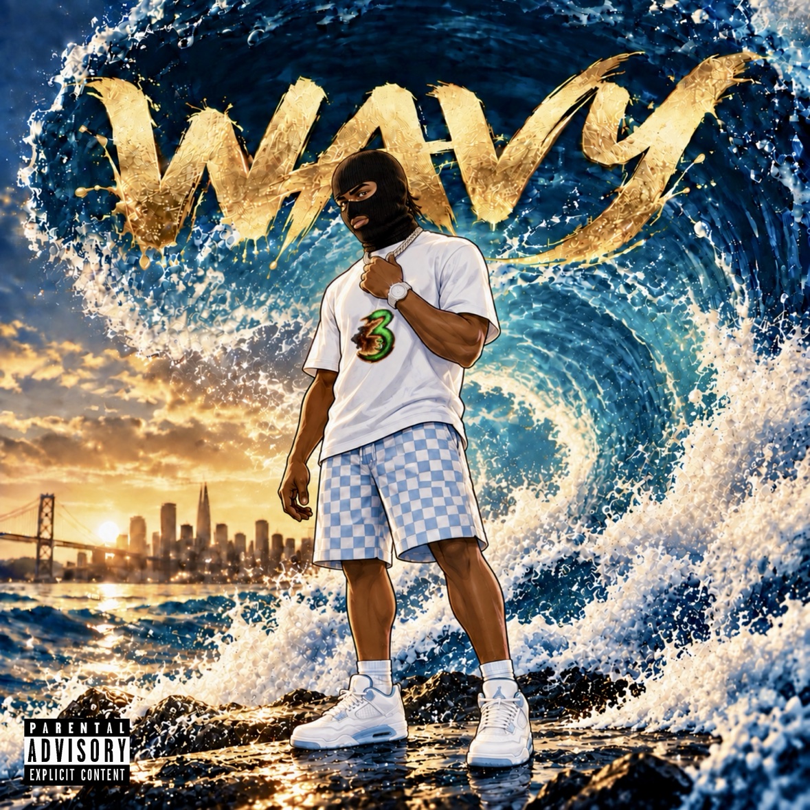 WAVY single artwork — masked figure, gold WAVY lettering, ocean wave and San Francisco skyline at sunset